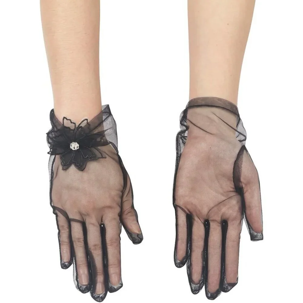 Women's Evening Black Mesh Lace Short Gloves Wedding Bridal Tea Party Prom